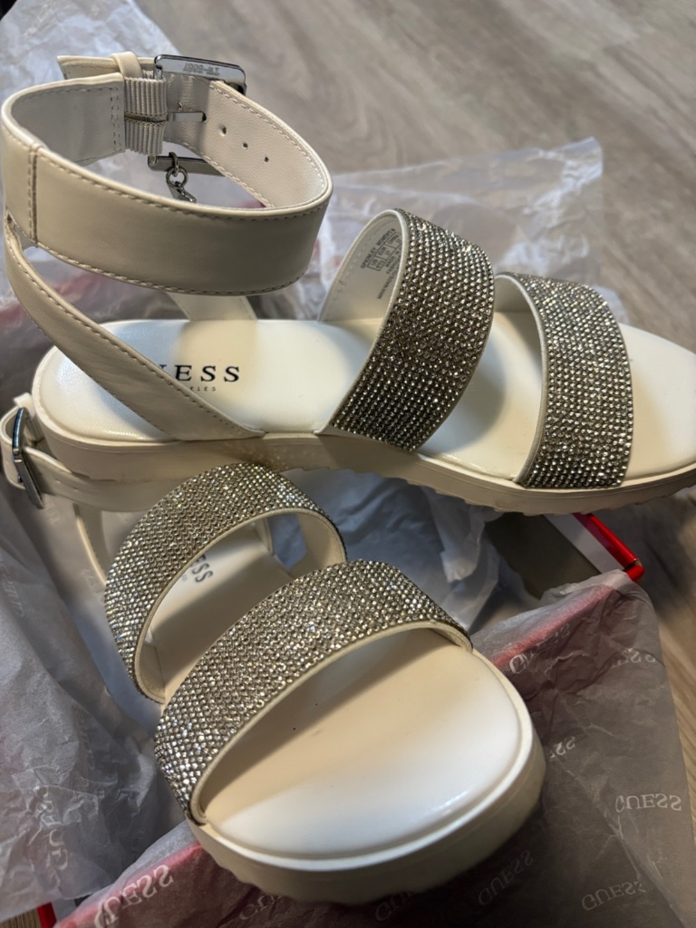 Guess Cream Platform Sandals with Sparkling Rhinestone Straps